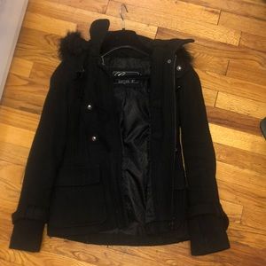 Black coat with fur trim hood